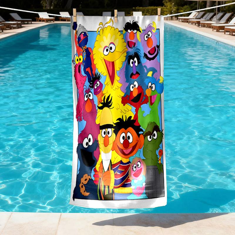 Sesame Street Print Beach Towel Design, Soft, Lightweight. for Home Bathroom, Spa, Pool, Yoga, Surfing, Camping, Gift for Family, Friend