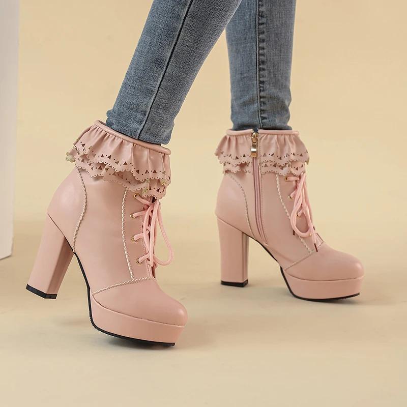 Модные осенне-зимние женские ботинки Лолита, японские милые туфли из искусственной кожи, с оборкой и шнуровкой, принцесса Лолита косплей, ботинки до середины икры