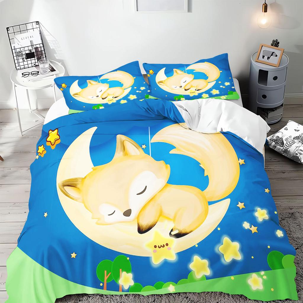 Аниме Мультфильм Животное Лиса Пододеяльник Постельное белье Наволочка С принтом Детский и Взрослый Набор Размер Квин Реактивная печать Одеяло