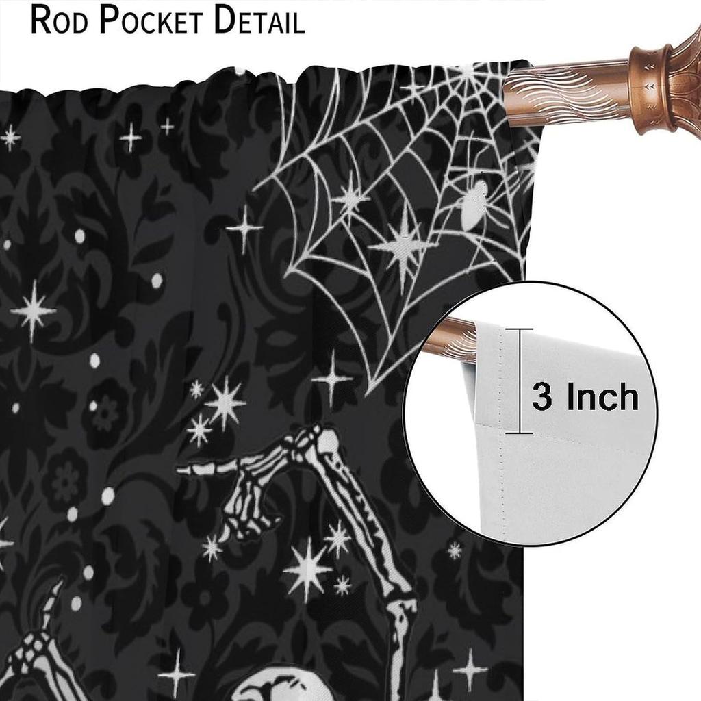 Dancing Skeleton Bonfire Full Moon Spider Web Vintage Damask Blackout Rod Pocket Curtain Gothic Spooky Elegant Bedroom Rest Bay