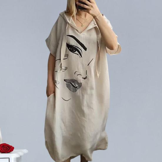 Женское платье с принтом лица, свободное платье с капюшоном и шнурком в богемном стиле с короткими рукавами, городской стиль, пуловер с разрезом по краю и боковым карманом, платье миди длиной до середины икры