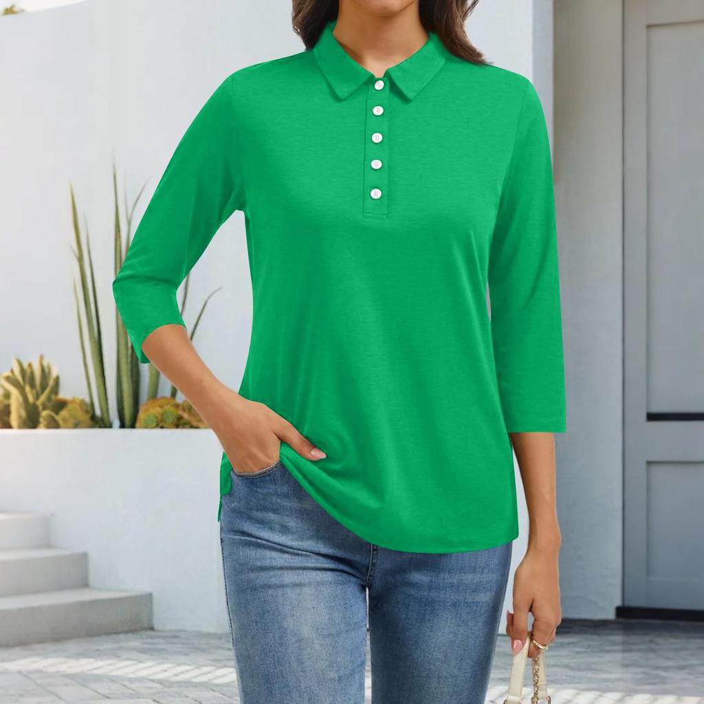 Women's Fashion Casual Lapel Short 3/4 Sleeve Solid Color Shirt Women's Button Up Tops