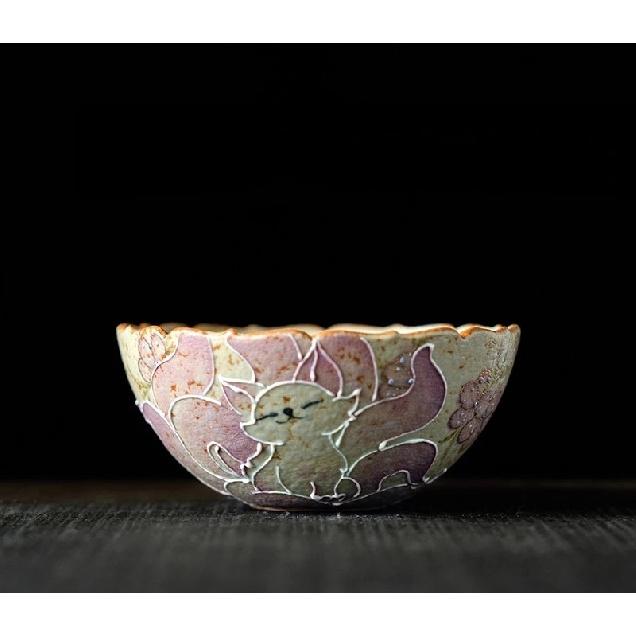 Flambe Red Glaze Ceramic Tea Cup Set Hand Painted Nine Tailed Fox with Matching Saucer Japanese Style Tea Ceremony Accessory