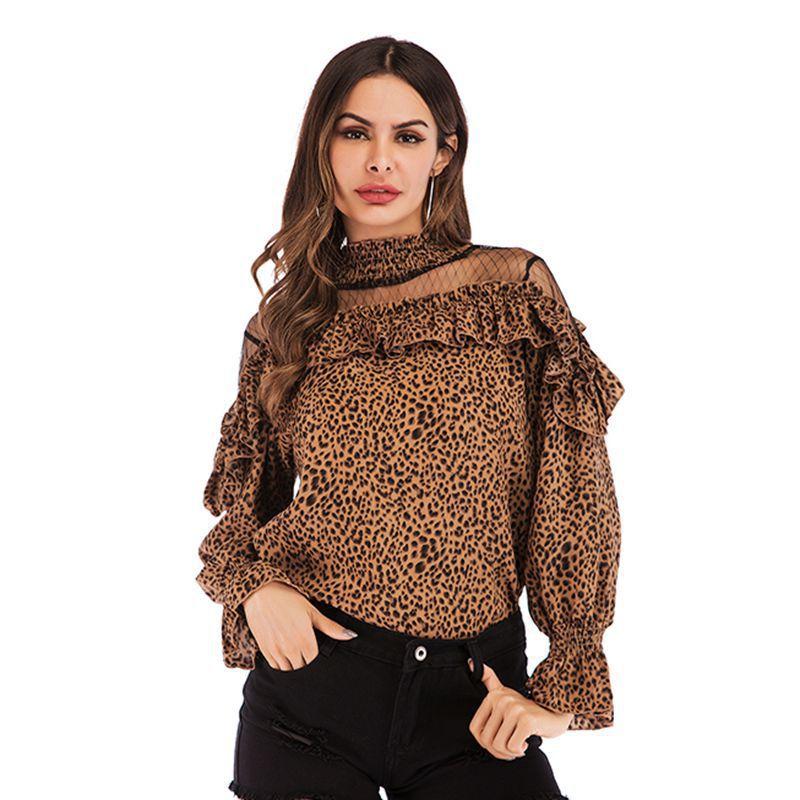 Spring and Autumn Women's Chiffon Long Sleeve Pleated Mesh Splicing Ruffle Polka Dot Chiffon Blouse Top