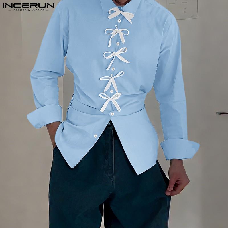 INCERUN Men Lapel Long Sleeve Front Bow Knot Back Twisted Casual Shirts