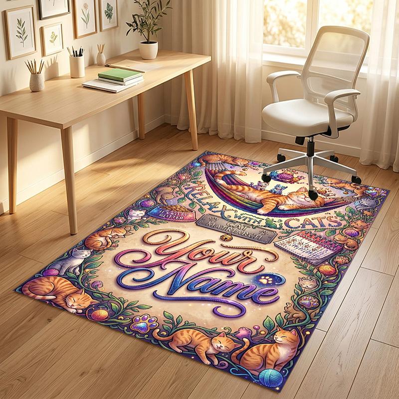 Cat Theme Crystal Velvet Rug Personalized Custom Name Text Soft Floor Mat Home Decor