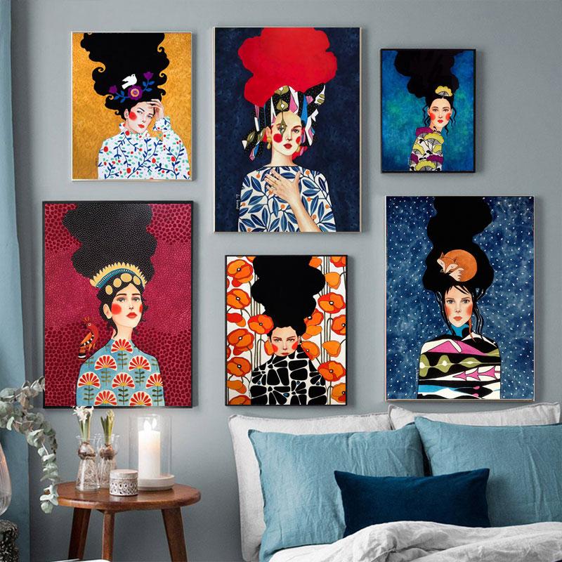 Абстрактная девушка, волосы, цветок, птица, настенная живопись на холсте, плакаты на скандинавскую тему и принты, винтажные настенные панно для декора гостиной