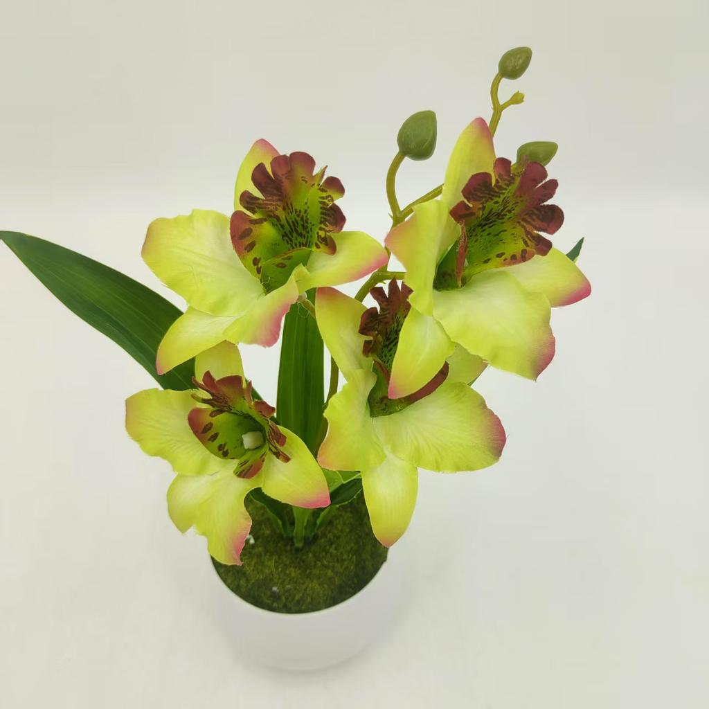 Artificial Yellow Phalaenopsis Orchid Potted Plant, 4 Blooms Faux Silk Butterfly Orchid with Green Leaves, Fake Bonsai for Home Wedding Decor