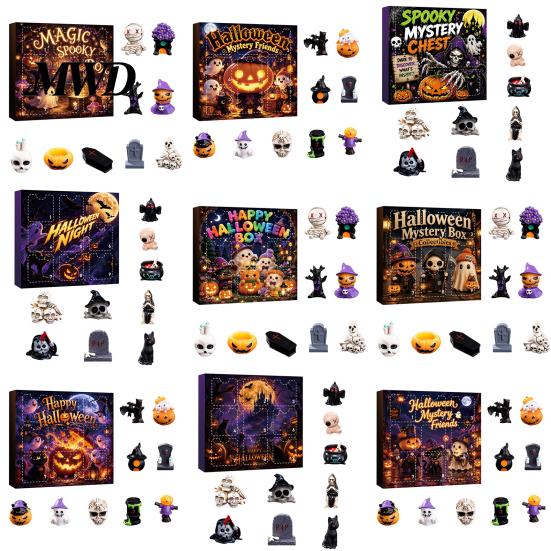 Holiday Gift Box Halloween Advent Calendar with 9 Mini Resin Figures, Day Spooky Countdown Desktop Decorations to Calendar, Surprise Collectible