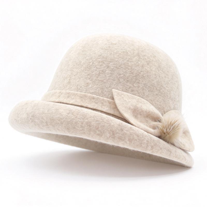 Middle-aged and elderly mother autumn and winter wool top hat women's bow hairball basin hat retro crimped bucket hat thermal hat