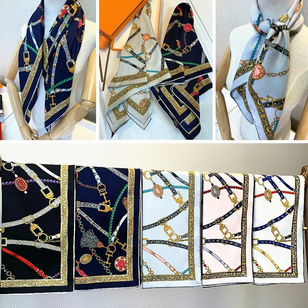 90cm Manual Hand Rolled Twill Silk Scarf Women Chain Design Printed Square Scarves Curled Foulard Femme Bandana Hijabs