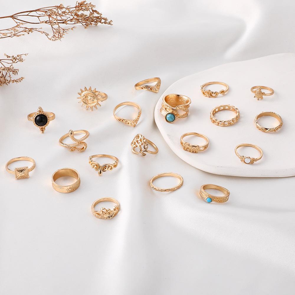 Набор бирюзовых колец через границу Змеевидный Черепаха Модный Черный Полый Слон Комбинация Набор из 19 предметов для женщин