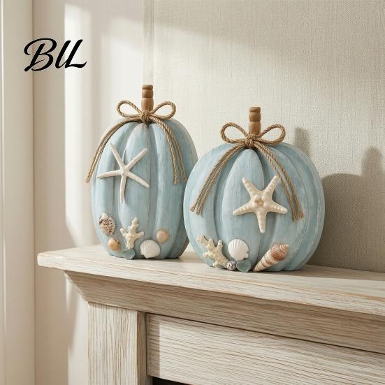 Ocean Style Wooden Pumpkin Decor 2Pcs Coastal Decor, Blue Wood Sign, Fall Rustic Farmhouse Gift Ideas Table Centerpiece for Thanksgiving Harvest