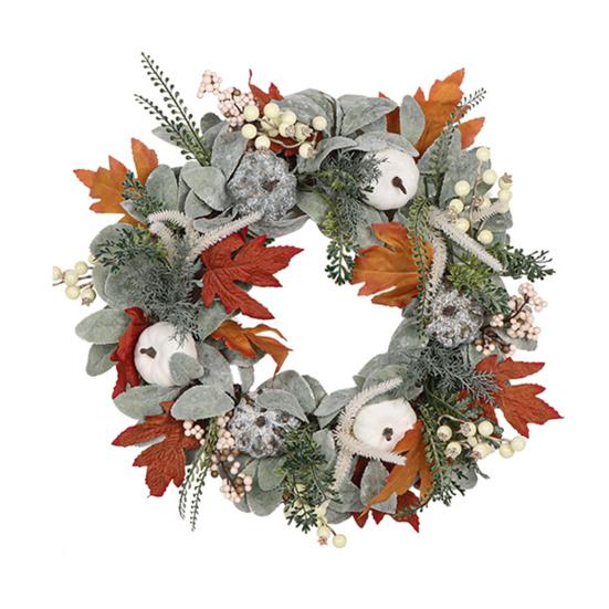 Autumn Wreath Faux White Pumpkin Maple Leaf Pine Cone Berry Wreath Handmade Farmhouse Wreath Fall Decoration for Home Thanksgiving Harvest Outdoor