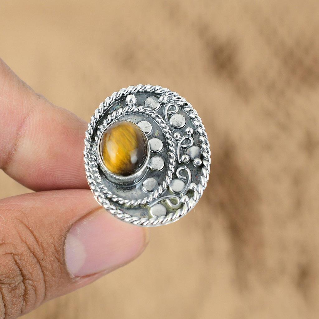 Mothers day Deal Tiger's Eye Stone 925 Silver Promise Statement Anniversary Ring