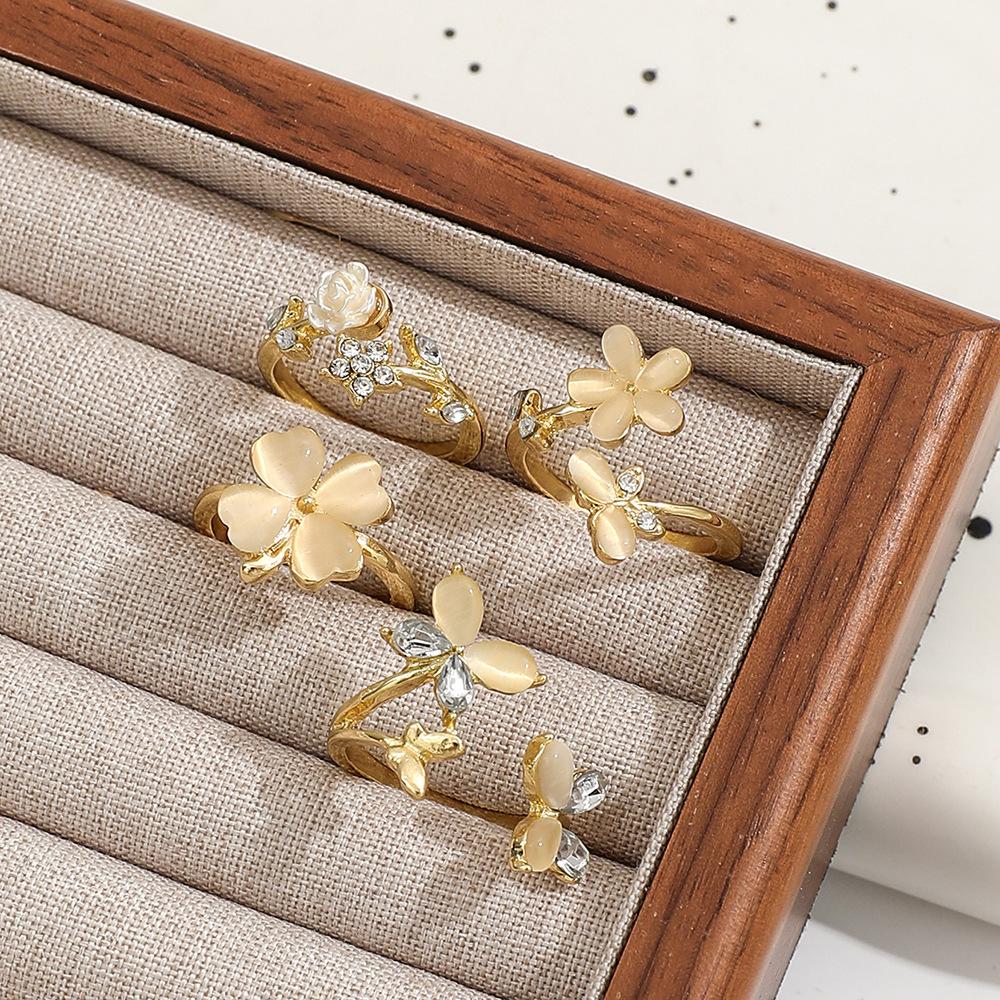 ins Multi-element imitation pearl rose flower star open ring Rhinestone Butterfly Flower Stackable Ring4Set