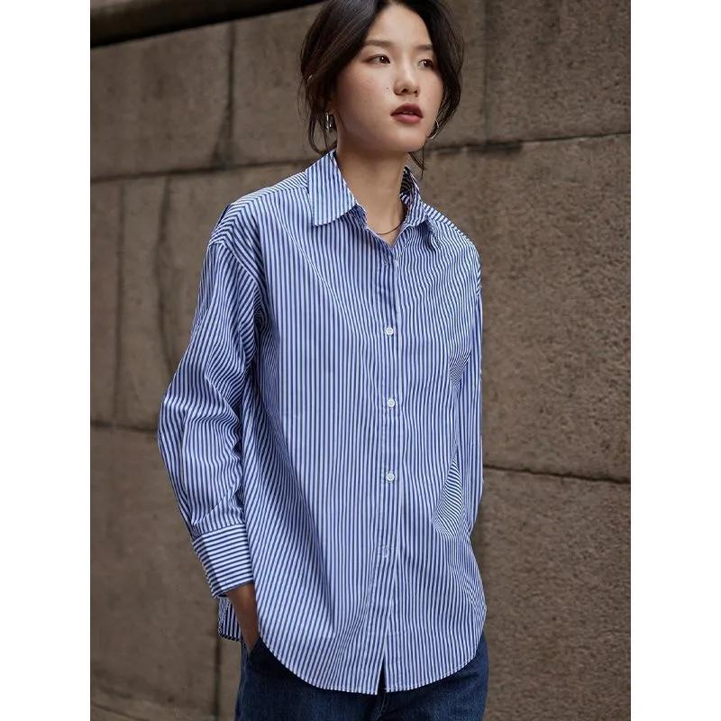Lady Long Lantern Sleeve Stand Collars Classic Striped Tops Spring Autumn Blouse Woman Shirt Plus Size