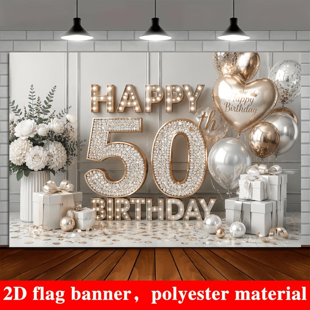 2D planar flag, 2D plane - 1 piece of 2D flag, banner background for 50th birthday party, luxury platinum theme