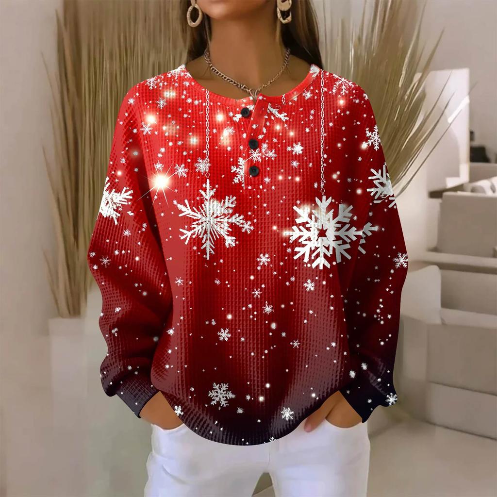 Women's Fashionable Casual Christmas Print V-Neck Long-Sleeved Button-Down Blouse