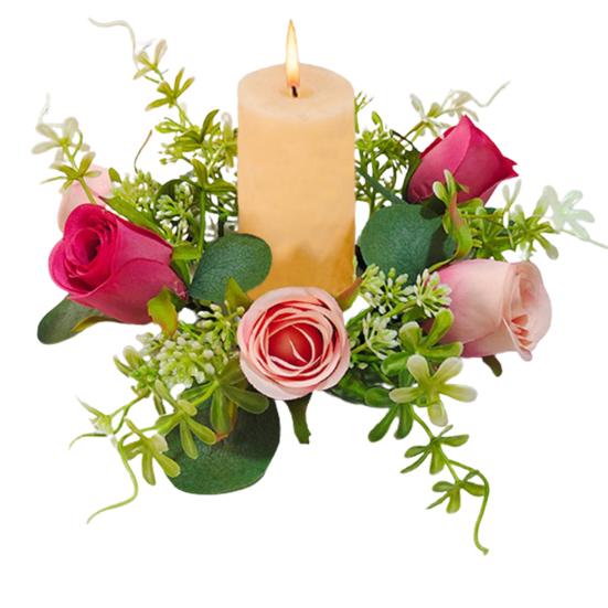 Artificial Rose Candle Ring Wreath Faux Silk Floral Wedding Centerpiece Rustic Fake Rose Candle Holder for Christmas Home Table Decor