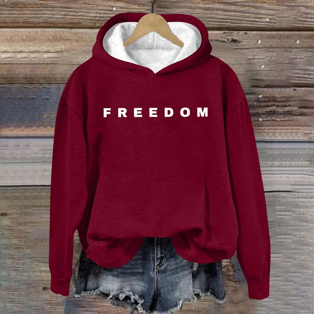 Women's Loose And Comfortable Round Neck Long Sleeved Hooded Sweatshirt With Printed Text
