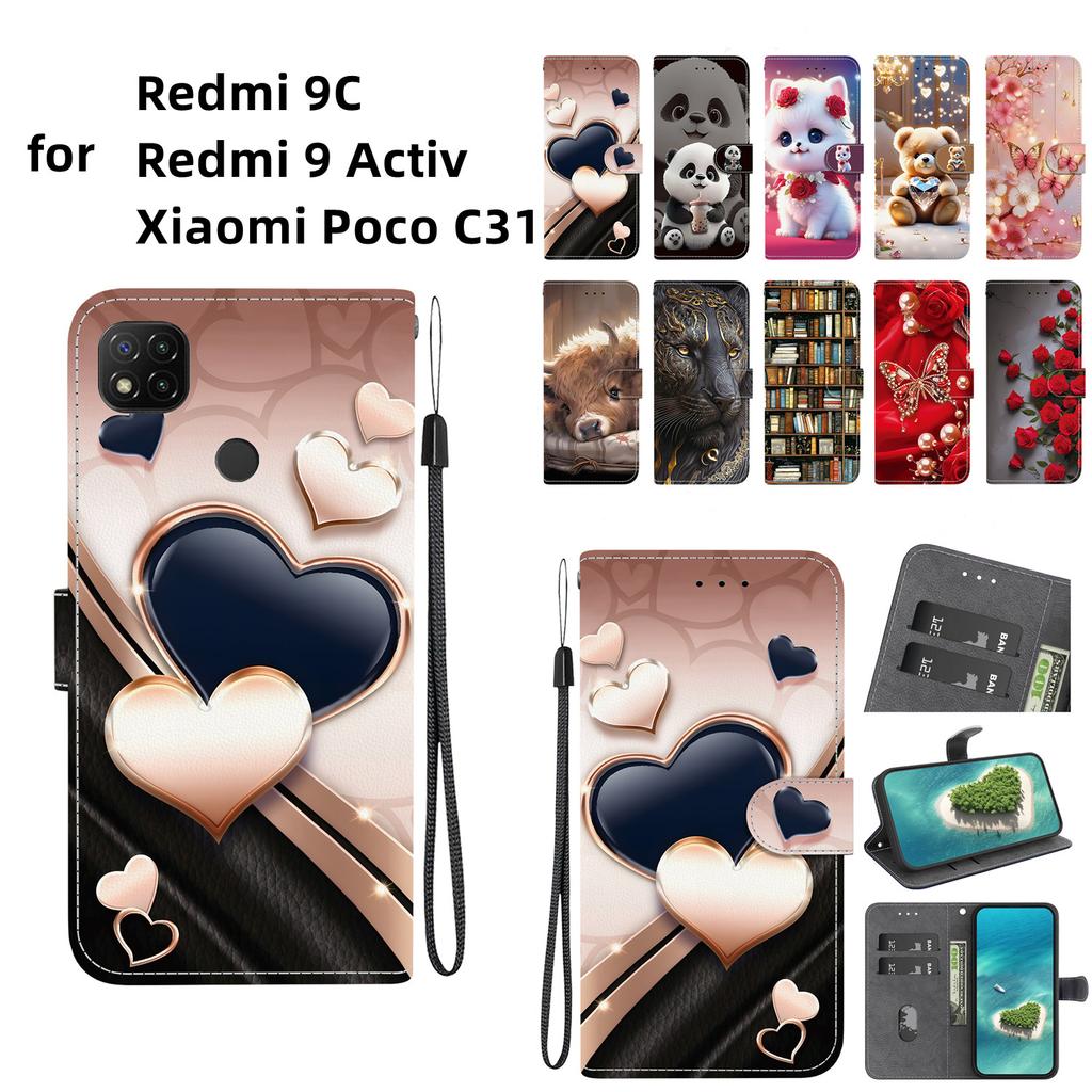 Чехол-книжка из искусственной кожи ручной работы для Redmi 9C / Redmi 9 Activ / Xiaomi Poco C31, противоскользящая противоударная обложка с ремешком на запястье и дизайнами в виде сердца/розы/кошки