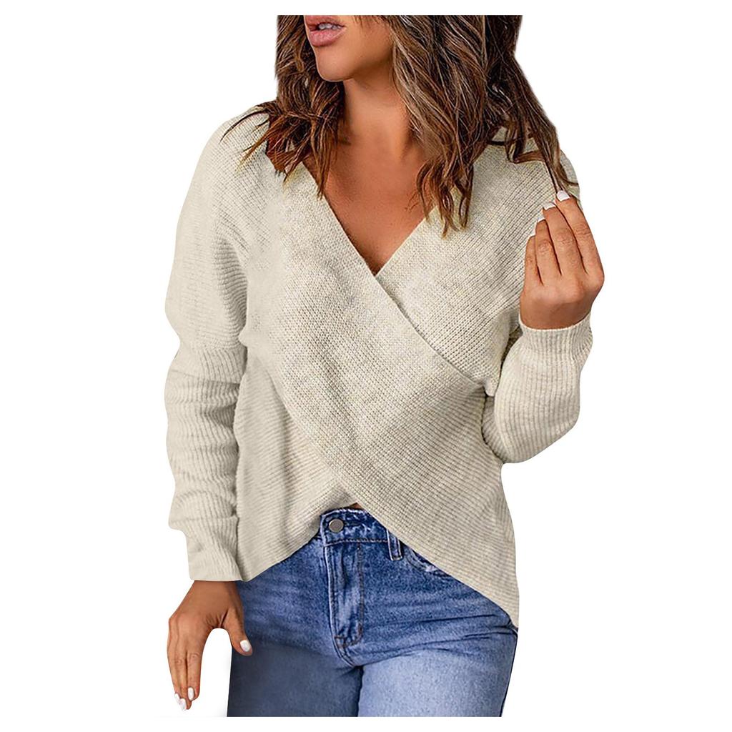 Женский повседневный однотонный свободный вязаный свитер с v-образным вырезом, вязаный свитер в рубчик