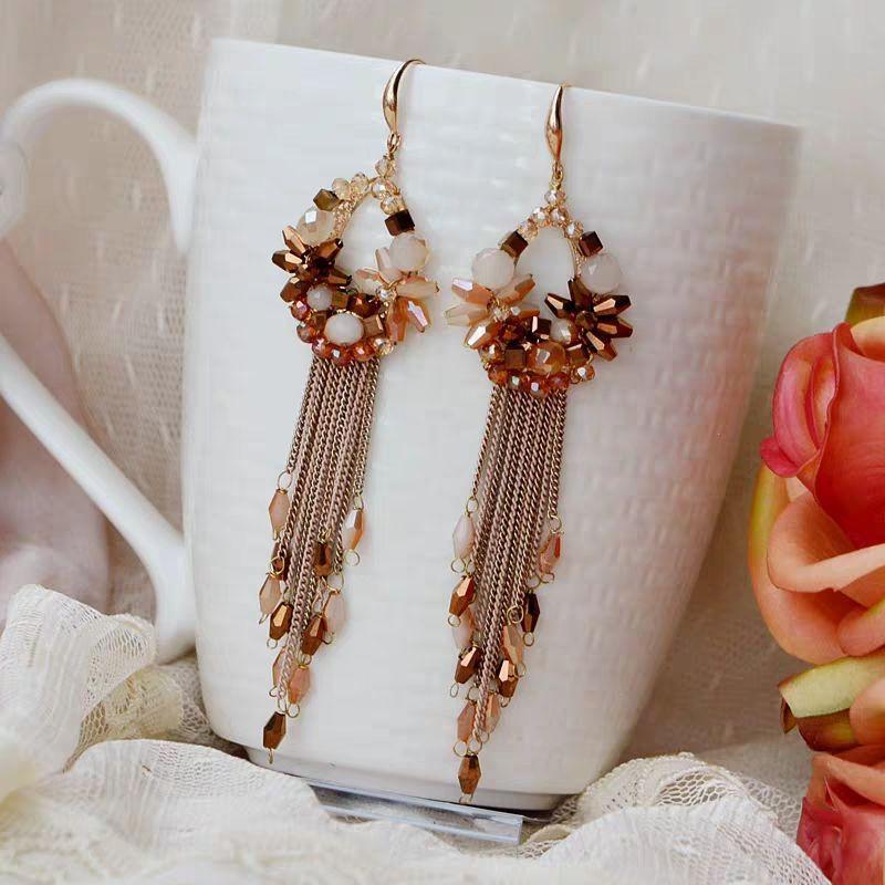 Серьги из бисера, хрустальная округлость, кисточка, цепочка, ручная вязка, богемный сплав, модные простые серьги из рисовых бусин