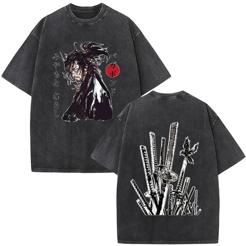 Vintage Washed Anime Vagabond Miyamoto Musashi Manga Tshirts Men Women Clothing Casual Cotton Short Sleeve Oversized T Shirts