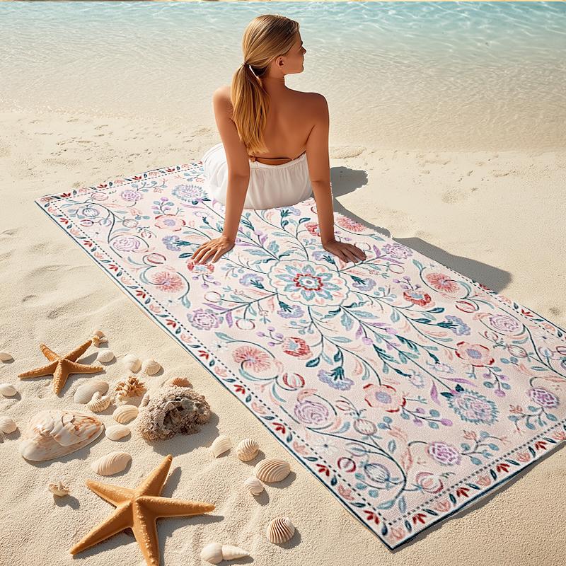 1Pc Floral Garden Carpet Beach Towel, Quick Dry, Multi-Use for Beach Pool Gym Yoga Home Travel, Christmas, Halloween, Xmas Gift M928680