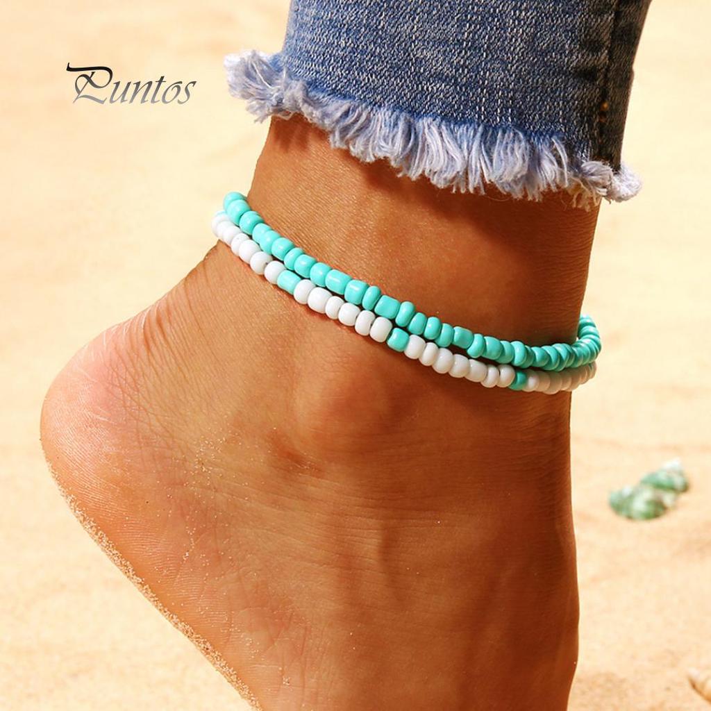 Lady Double Layers Beaded Barefoot Sandal Anklet Foot Chain Beach Ankle Bracelet