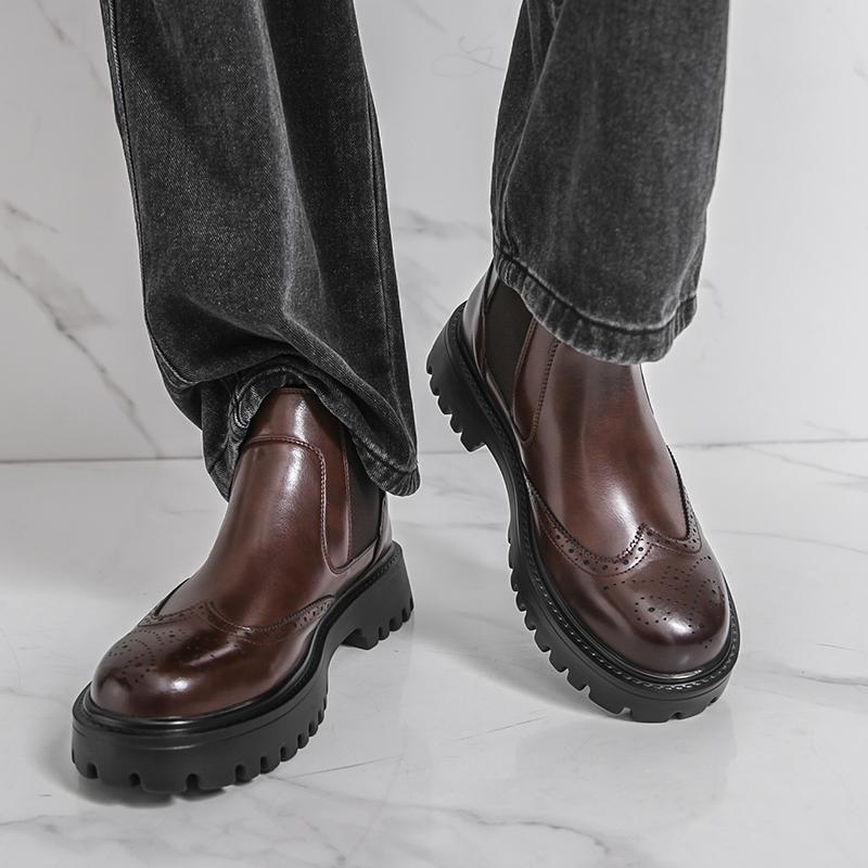 Men’s Chelsea Thick Sole Platform Punk Black Leather Boots Brown Brogue Shoes Round Head Motorcycle Boots High Boots Plus Size