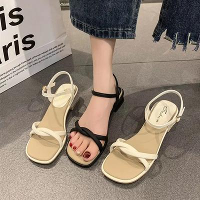 Модные женские босоножки на низком каблуке, летние 2024 г., новые туфли на высоком толстом каблуке с открытым носком, женские модные босоножки с поясом в одну линию, женская обувь