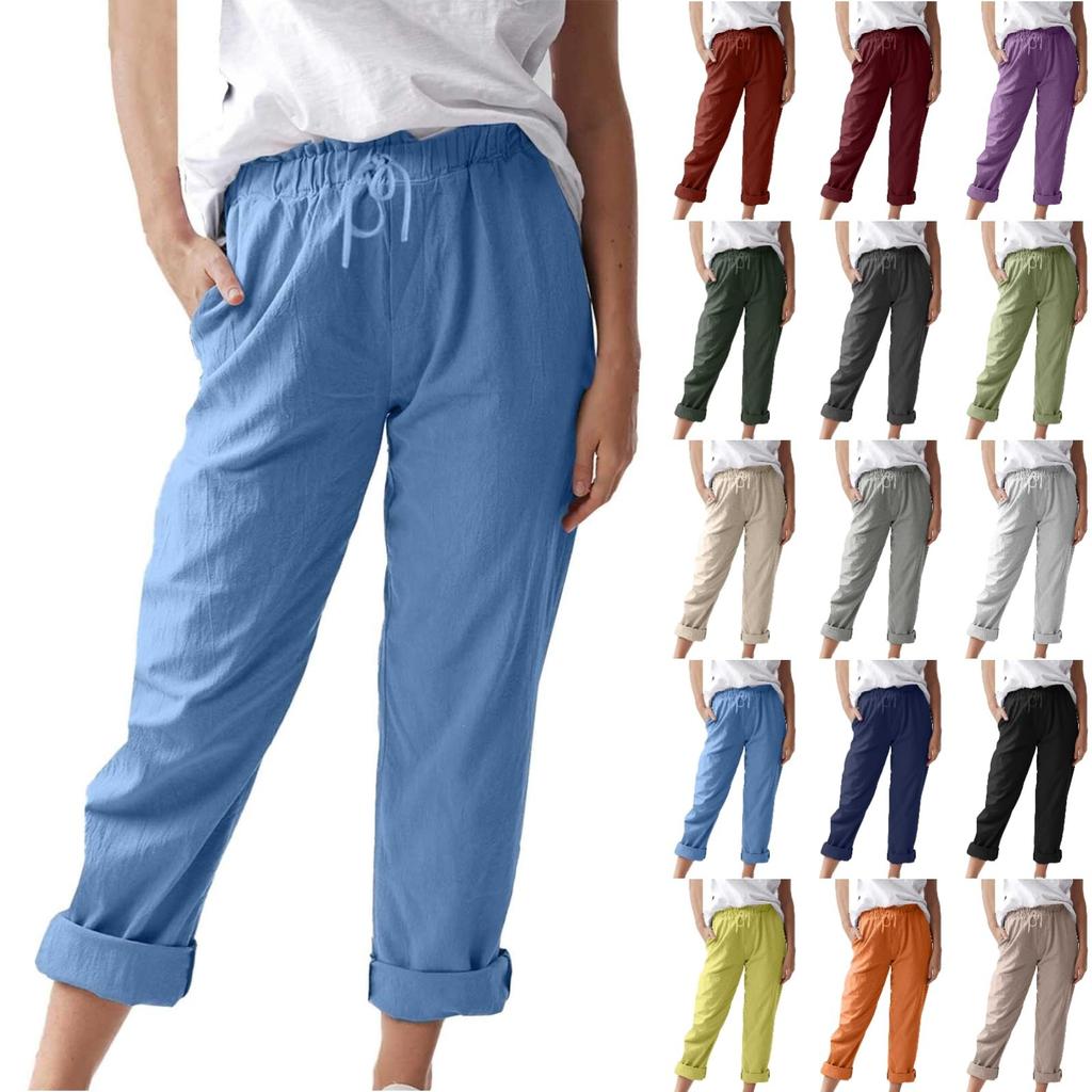 Women's Pants, Casual Solid Color Pocket Pants Elastic Waist Loose Straight Leg Pants