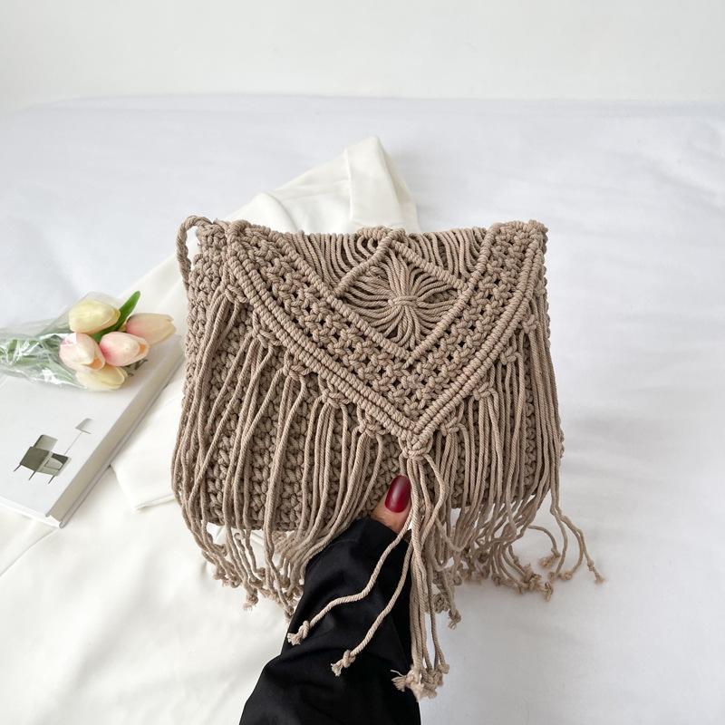 Fashion Cotton Woven Hollow Shoulder Crossbdoy Bags Female Summer Beach Bag Travel Small Tassel Handbag