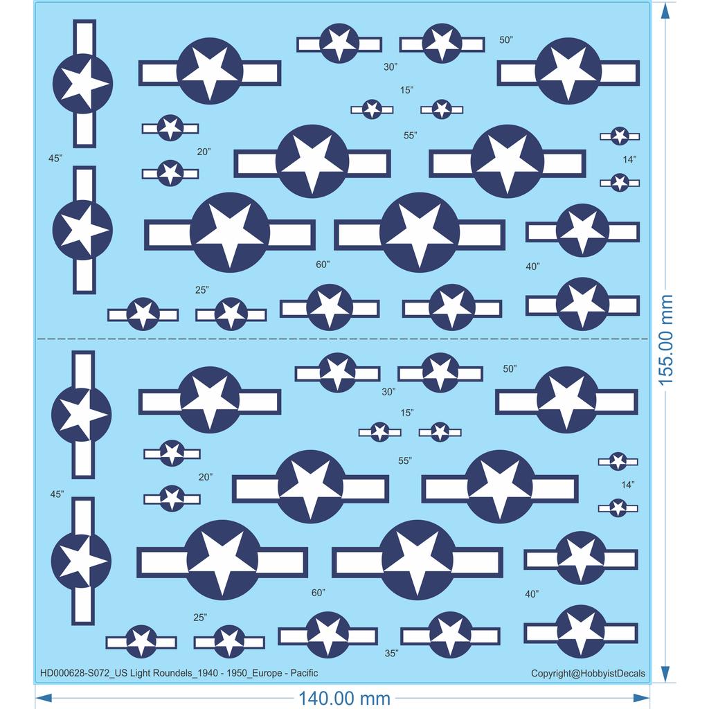 US Light Roundels_1940 - 1950_Europe - 1/24 1/32 1/48 1/72 1/144 - Water Decal - Waterslide, 1/24