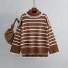 Women Autumn Winter Knitwear Pullover Contrast Stripe High Neck Long Sleeve Sweater