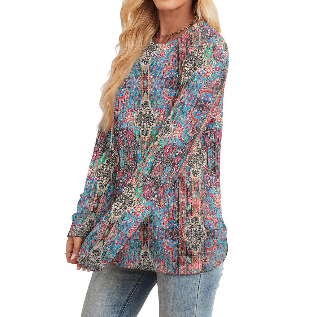 Fashionable Women's Long Sleeved Retro Printed Lightweight Sweater With Loose Round Neck Top