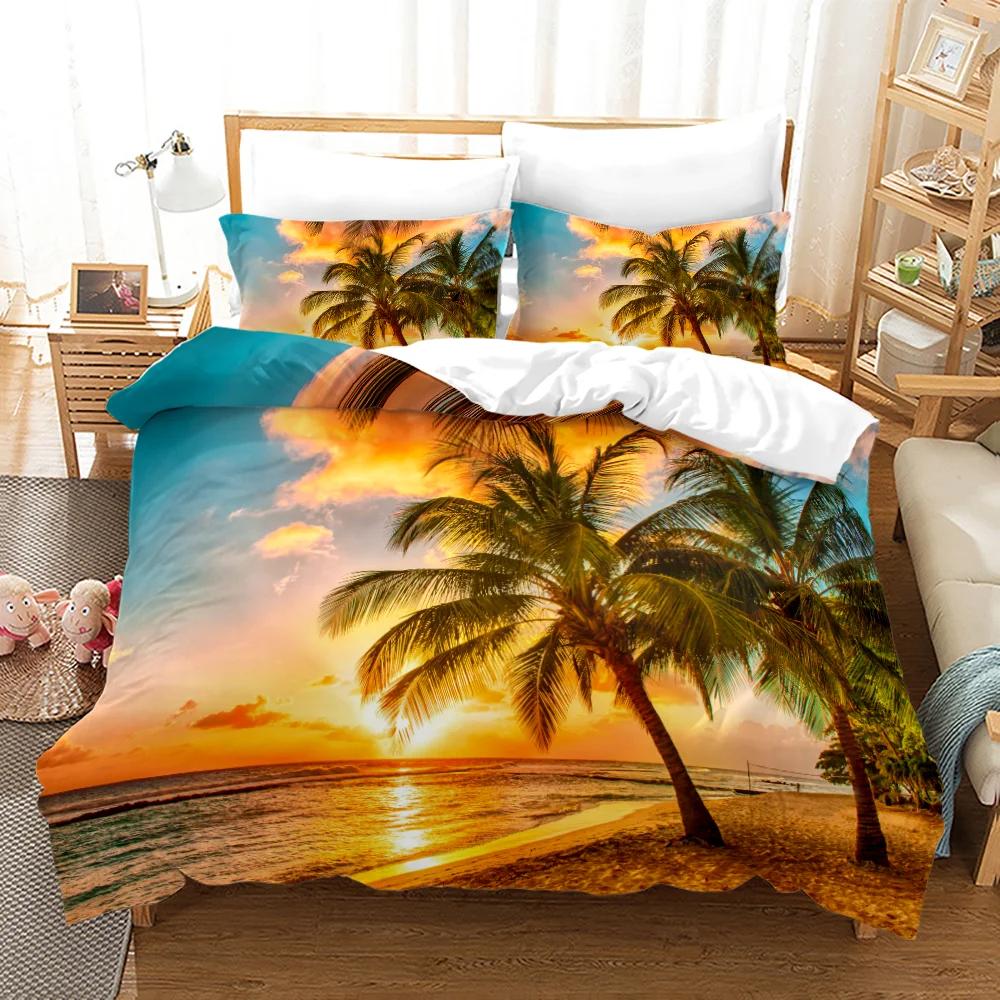 Beach Setting Sun Duvet Cover Set Tropical Island With The Palm Tree And Sea Beach Nature Theme Queen Size Quilt Cover