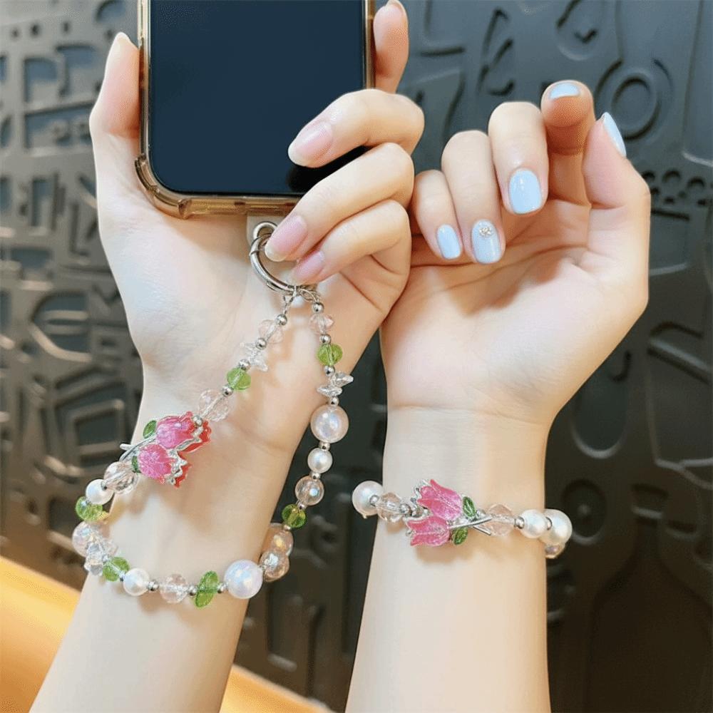 Pearl Cell Phone Chain Tulip Flower Mobile Phone Lanyard Crystal Bead Phone Strap New Year Gift