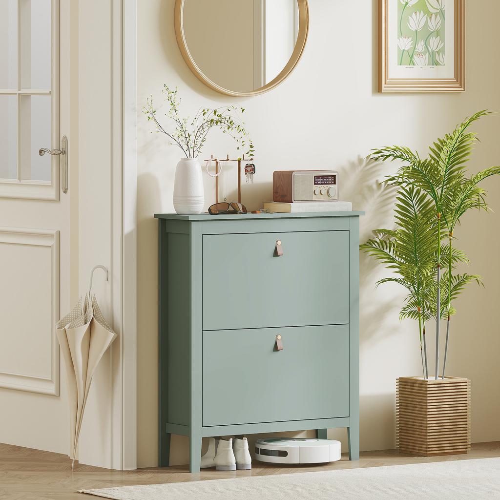 Shoe Cabinet for 14 Pairs, 2 Drop-Down Drawers, Removable Adjustable Shelves, Green