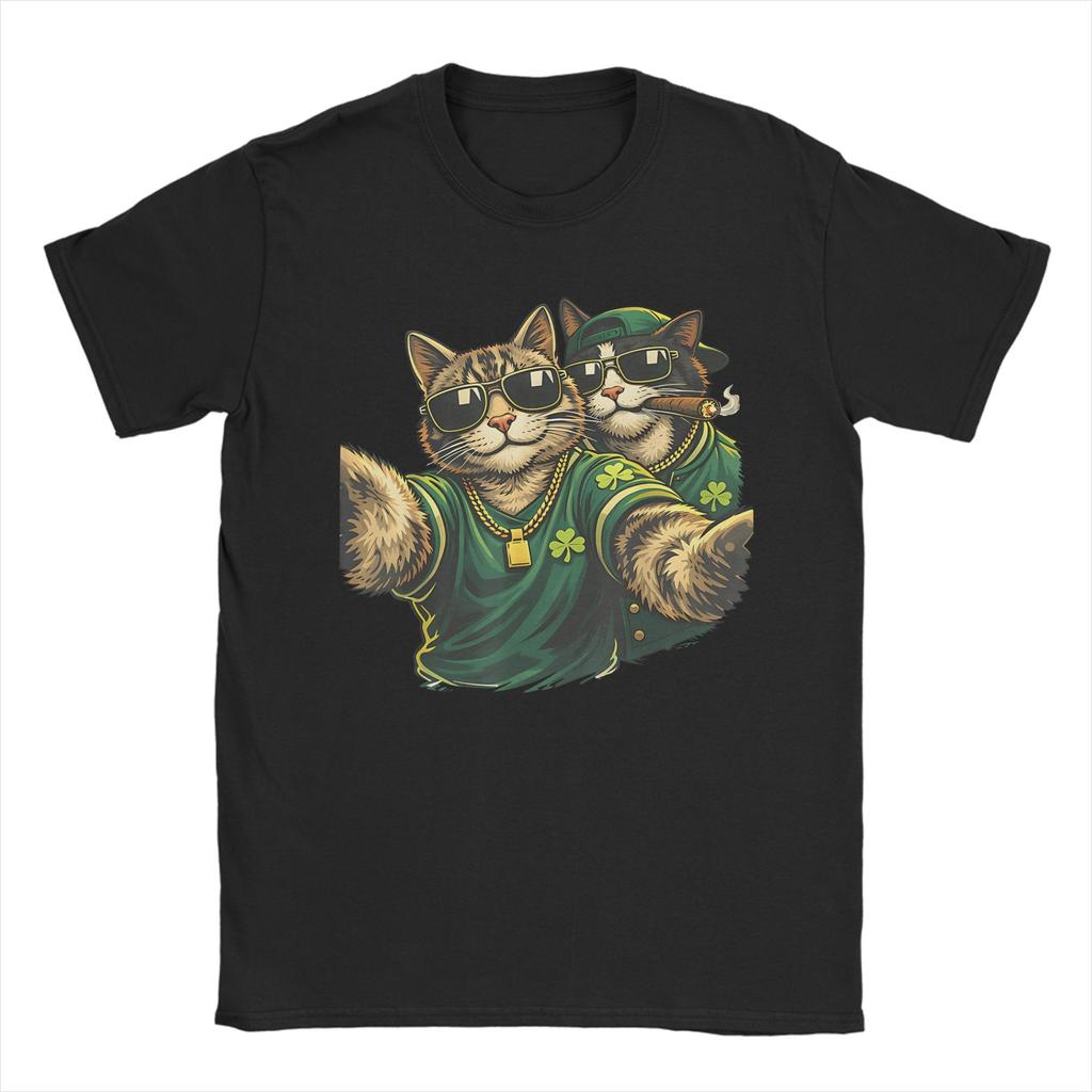 St Patricks Day Cat Selfie with Leprechaun Funny Photo T Shirt Beach Cotton T Shirts For Unisex Harajuku Casual Tee Shirt