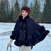 Женский вязаный шаль-накидка с меховым воротником - Универсальная теплая двусторонняя осенне-зимняя накидка