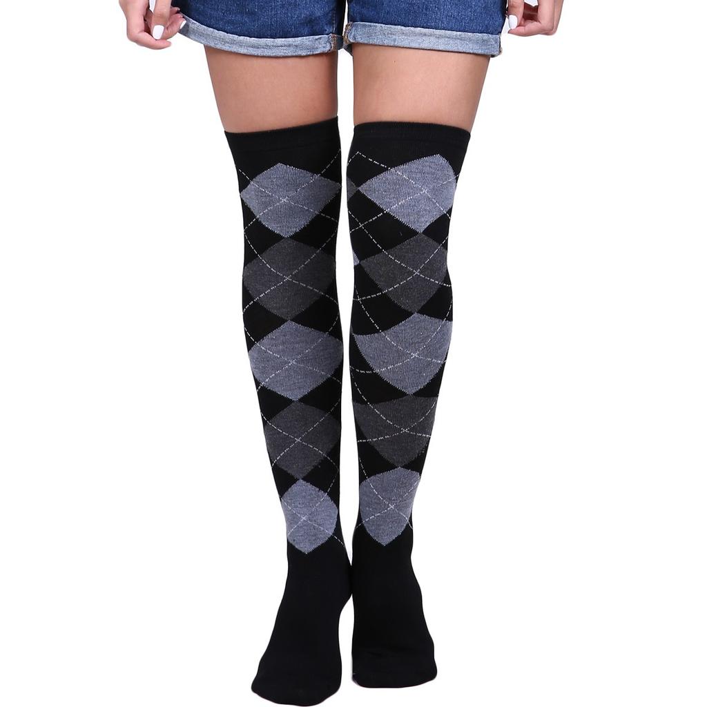 New Vintage Style Women's Socks Diamond Plaid Over Knee Socks Student Casual Stockings Party Dance Socks