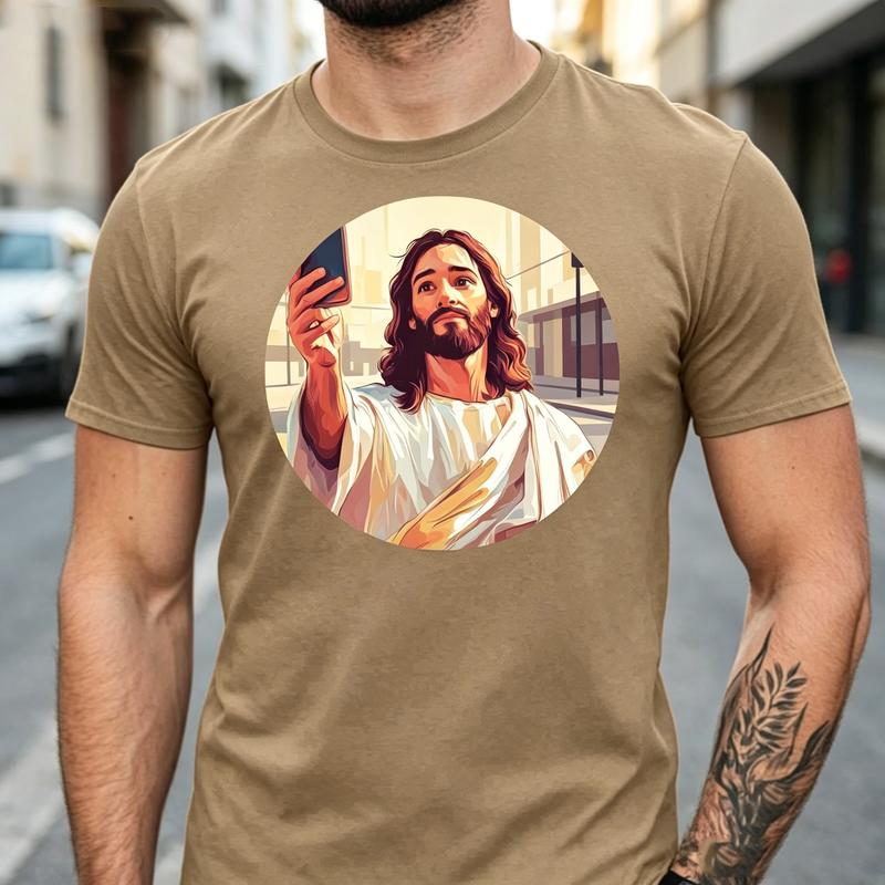 Funny Jesus Selfie Graphic T Shirt Unisex Soft Cotton Crew Neck Short Sleeve Trendy Casual Tops For Christians And Humor Fans