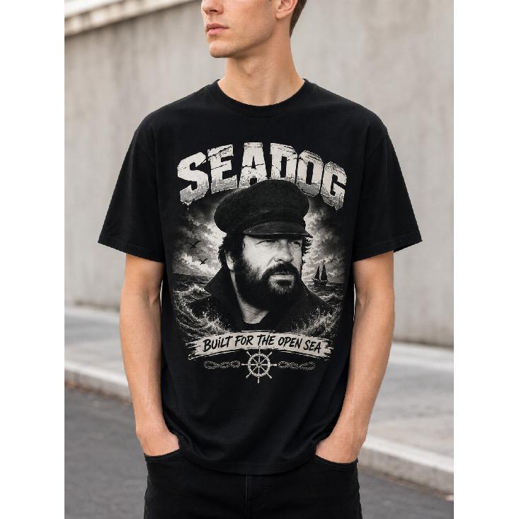 Men's Seadog Graphic Tee - Vintage Captain Portrait Print, Crew Neck Short Sleeve Cotton Shirt for Casual Wear & Ocean Lovers