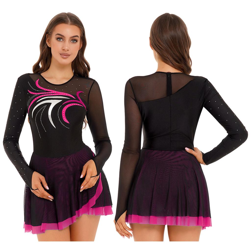 Женское платье для фигурного катания с длинными рукавами, сетчатое платье со стразами для катания на роликах, лирический танцевальный костюм, балетное трико, платье