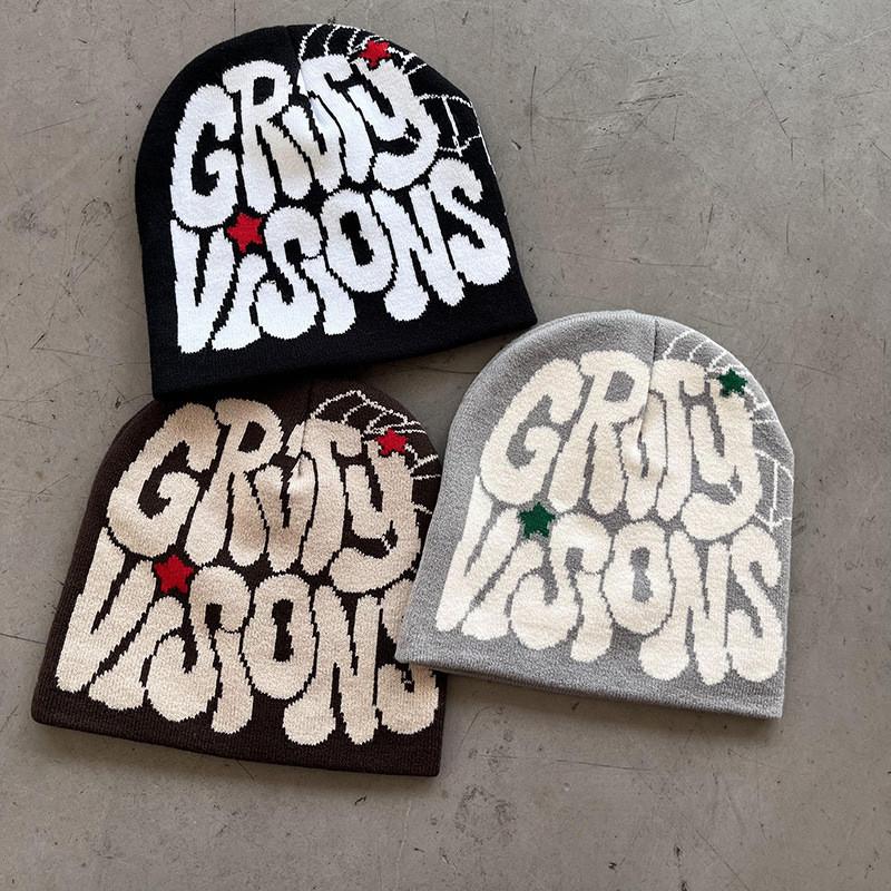 Letters Grvty Visions Knit Beanie Hats Winter Embroidered Casual Streetwear