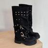 Ботильоны-чулки черные с заклепками женские 2025 новые круглый носок нишевый дизайн ботинки на толстой подошве рыцарские ботинки