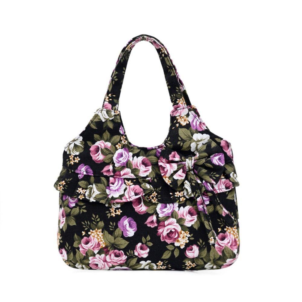 Retro Women Canvas Handbag Bow Shoulder Bag Female Flower Printed Fashion Small Canvas Bag